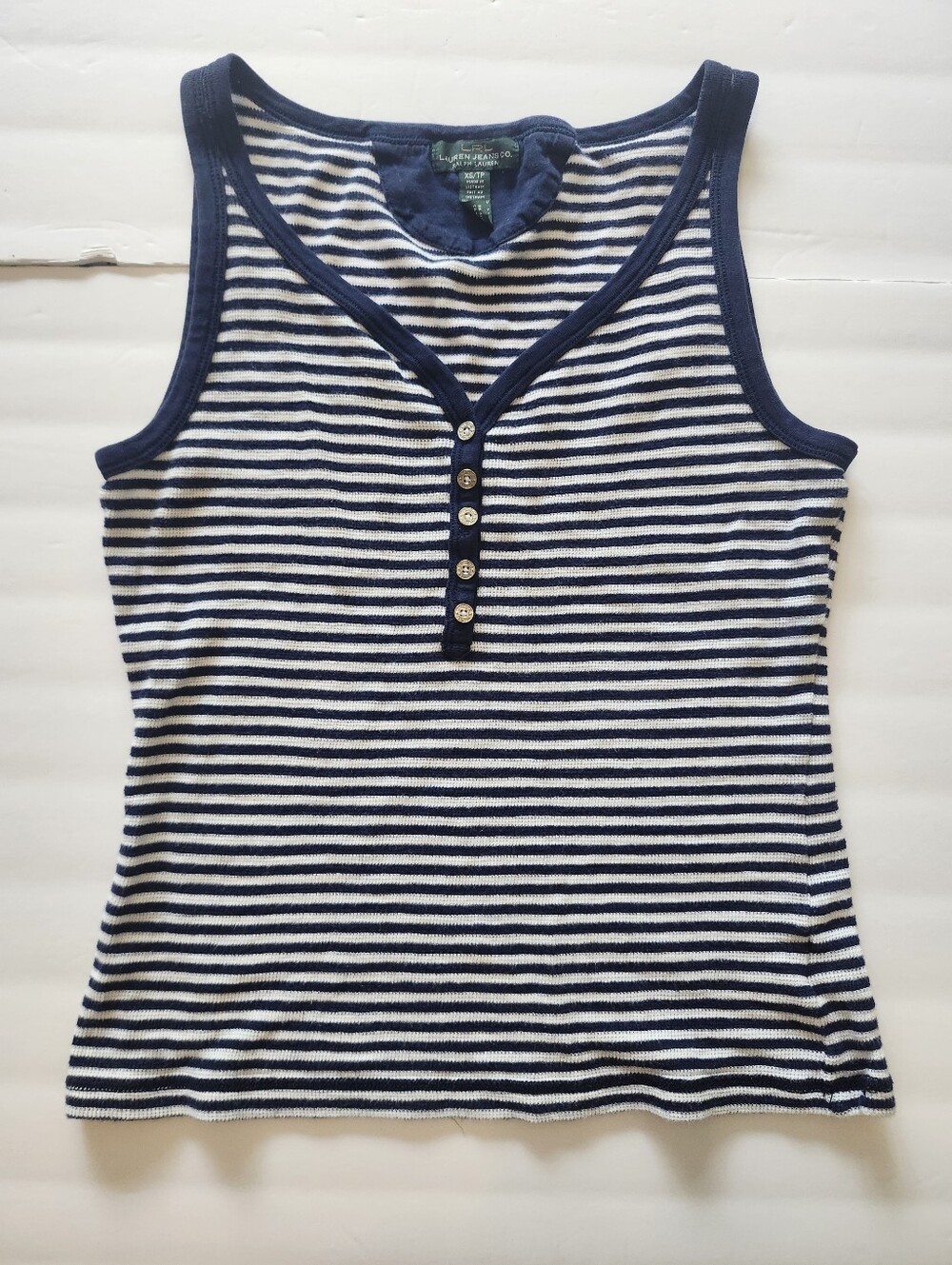 LRL Ralph Lauren Jeans Co Blue White Striped Sleeveless V-Neck Pique Tank Top XS
